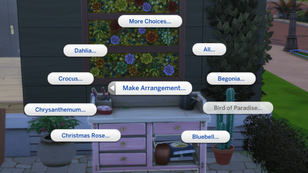 A screenshot from The Sims 4 showing the make arrangement options on the flower arranging table