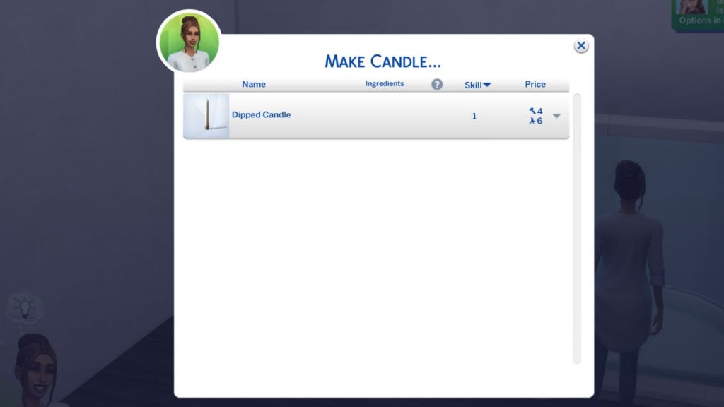 A screenshot from The Sims 4 showing the menu for making candles