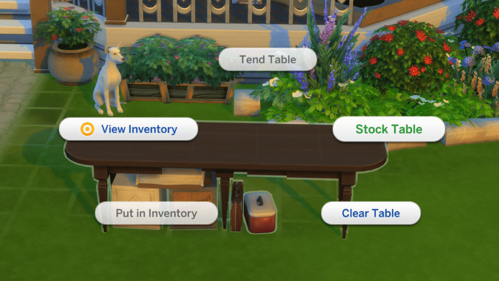 A screenshot from The Sims 4 showing the options for the market table with stock table highlighted.