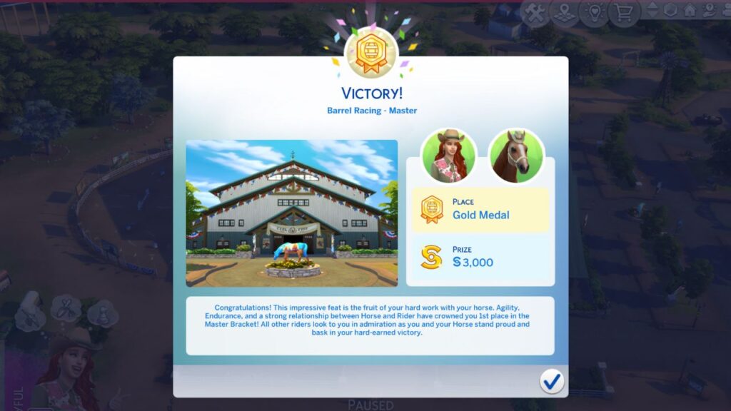 A screenshot from The Sims 4 showing a gold medal victory at a master barrel racing competition