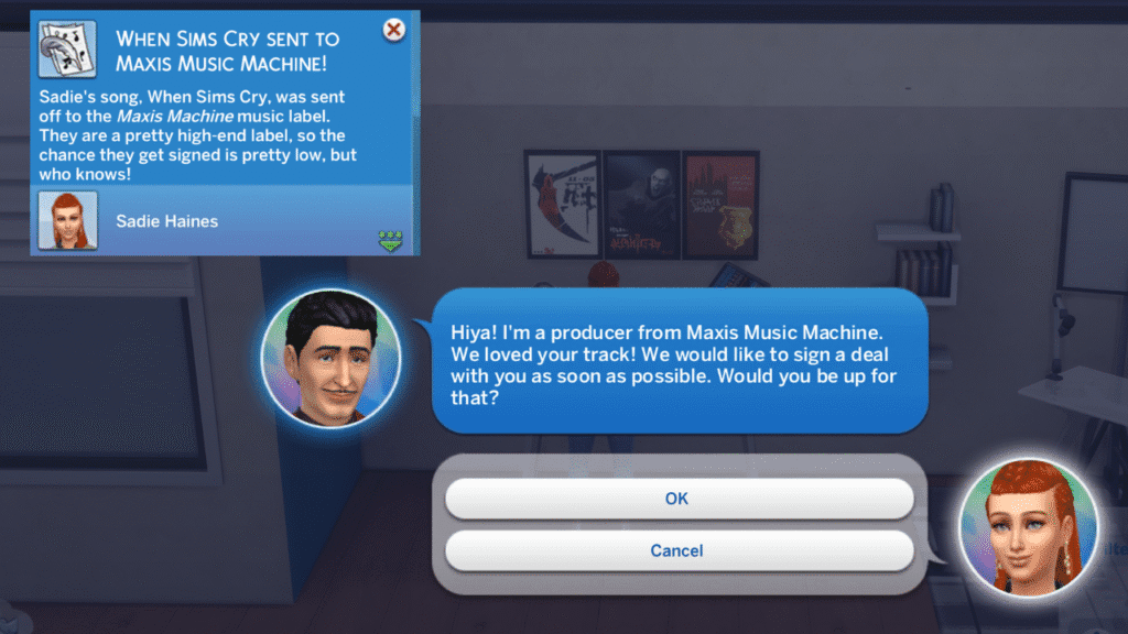 A screenshot from The Sims 4 showing the phone call when a sim got signed to a record label
