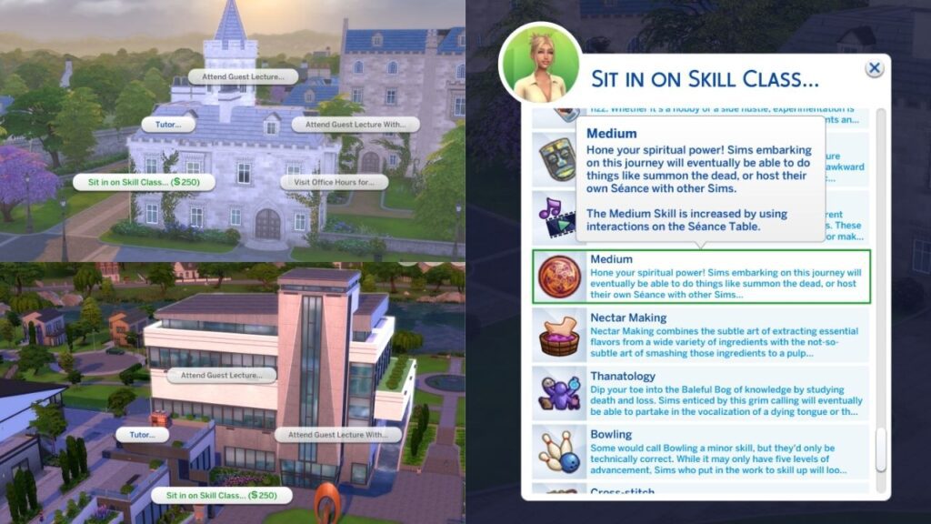 A screenshot of the options to take a medium skill class in the sims 4