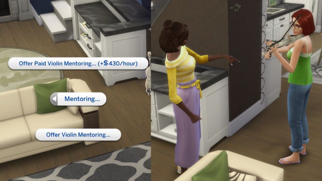 A screenshot from The Sims 4 showing how to mentor for instruments