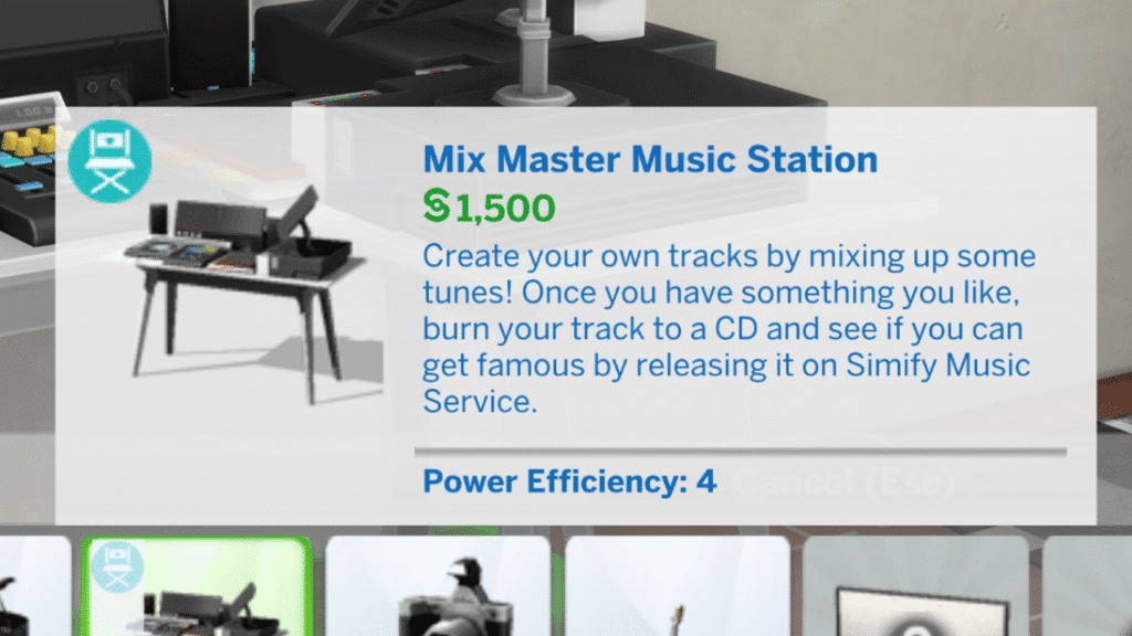 A screenshot from The Sims 4 showing the Mix Master Music Station and it's description 