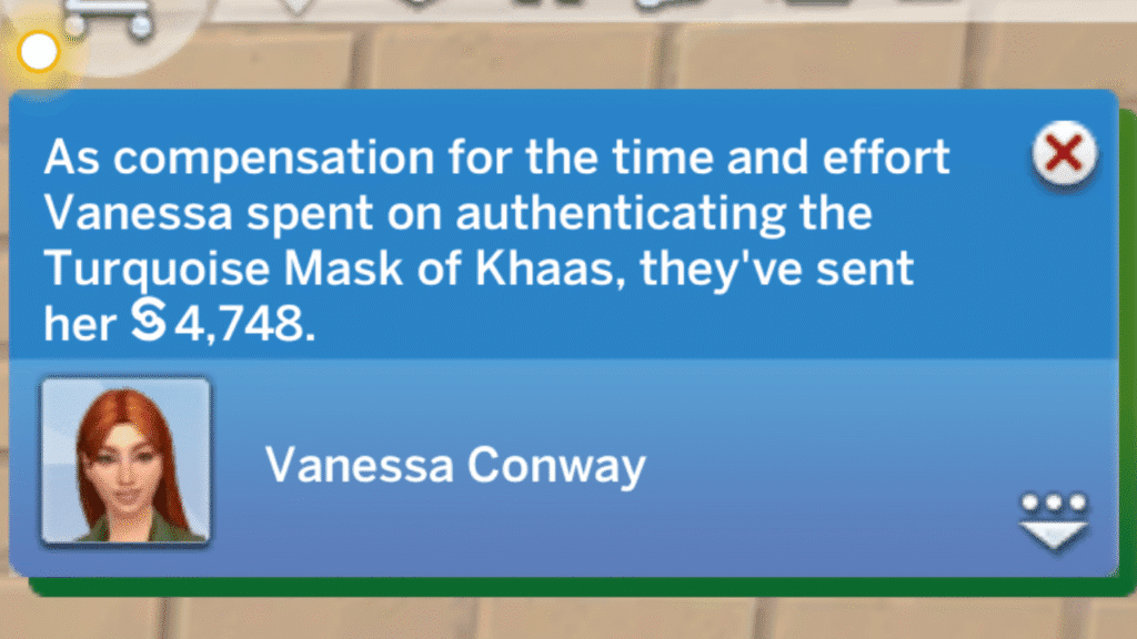 A screenshot from The Sims 4 showing a notification about payment for authenticating artifacts 