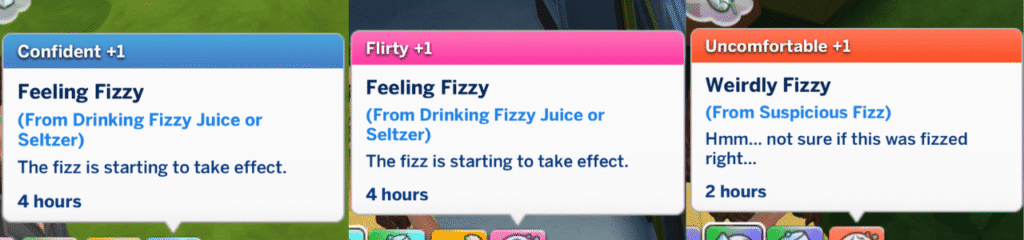Three moodlets from The Sims 4 that sims get when drinking juice fizz
