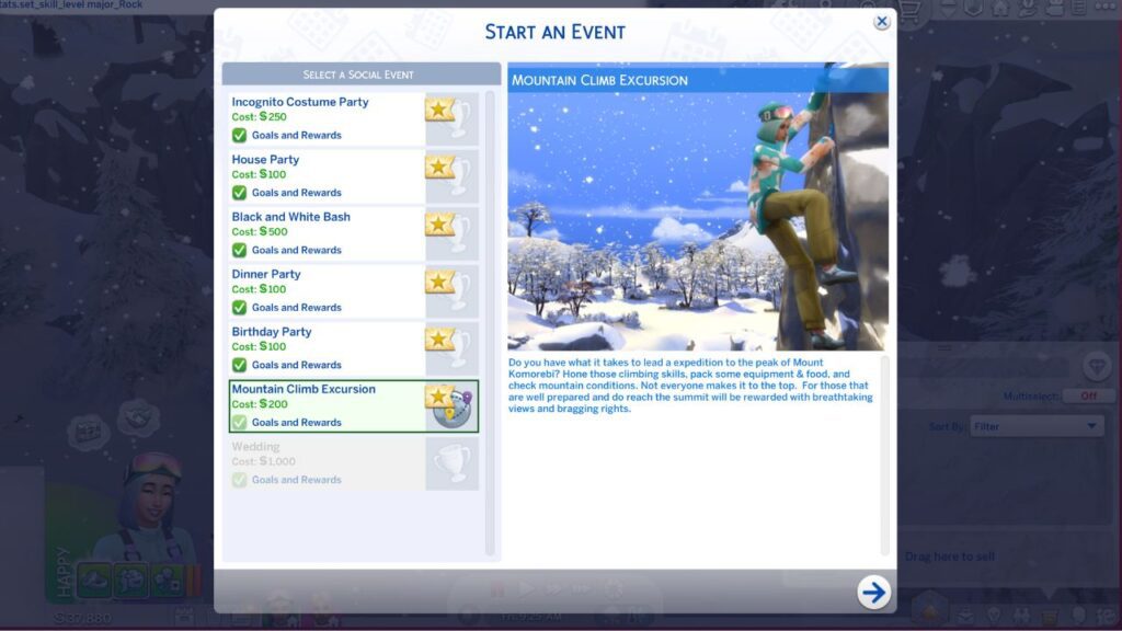 A screenshot from the sims 4 showing how to start a mountain climb excursion