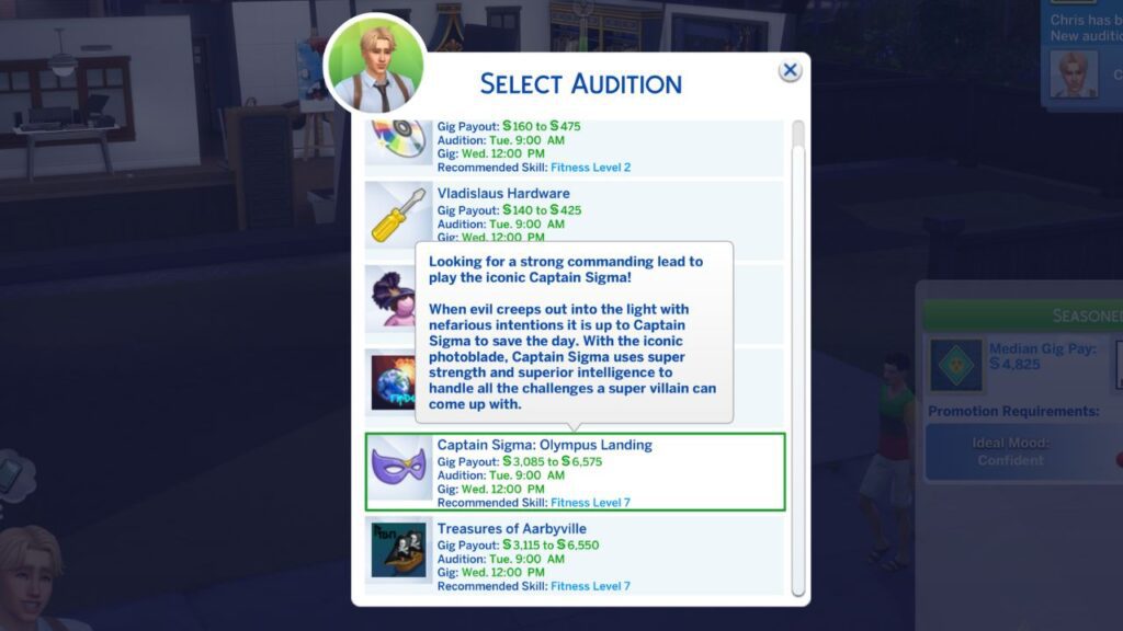 A screenshot from The Sims 4 of the acting career audition page with a movie acting gig highlighted. 