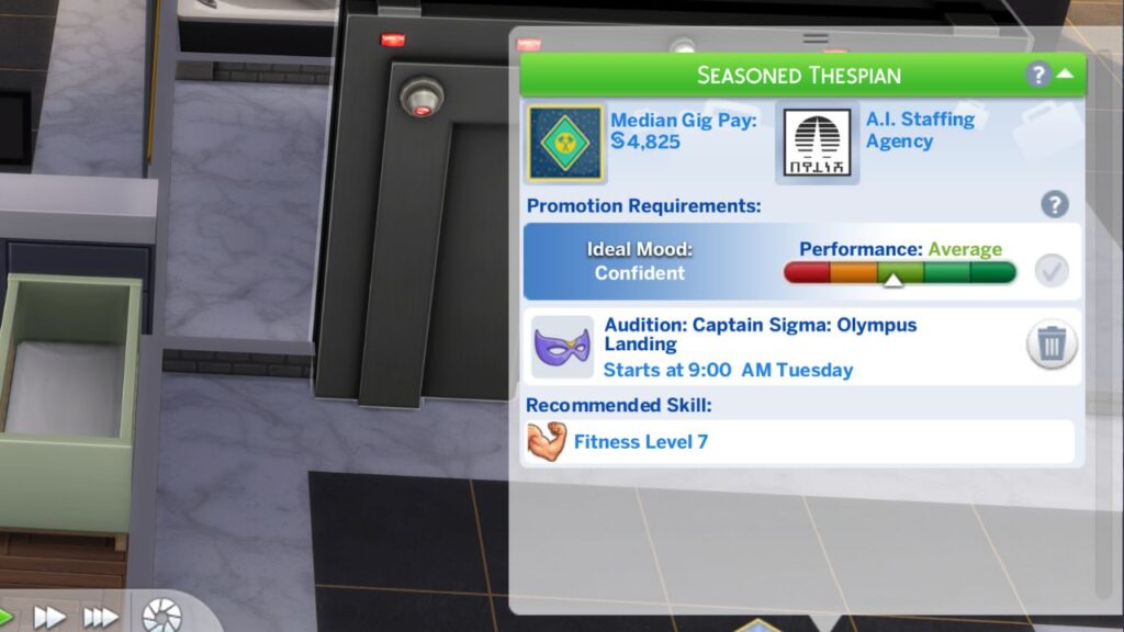 A screenshot from The Sims 4 of the career panel for a sim who has a movie audition 