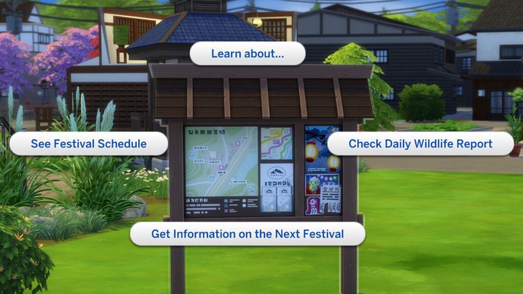 A screenshot from the sims 4 of the mt. komorebi in fo board