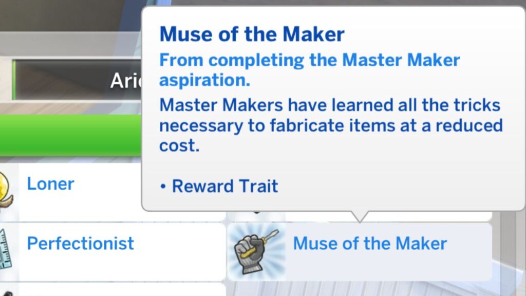A screenshot from The Sims 4 of the muser of the maker reward trait you get when you finish the master maker aspiration