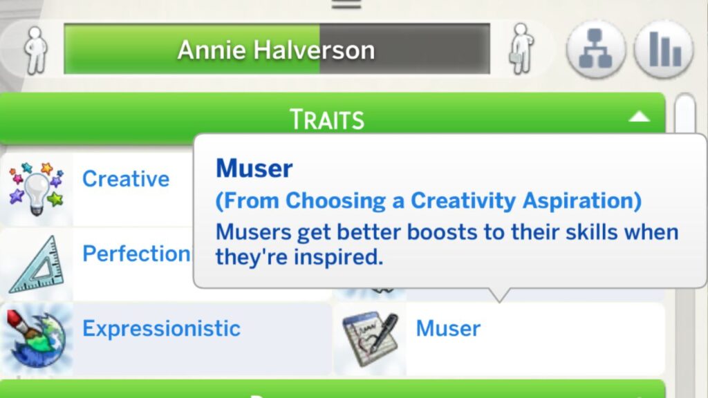 A screenshot from The Sims 4 showing the muser bonus trait you get when you choose the lord or lady of the knits aspiration.
