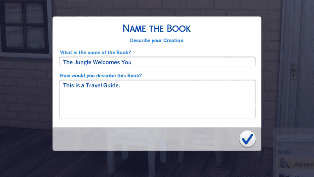 A screenshot from The Sims 4 showing the book naming menu for a travel book 