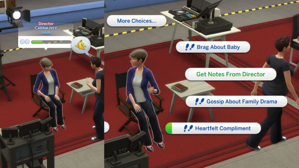A screenshot from The Sims 4 showing where to find a director and how to get notes 