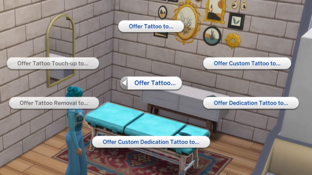 A screenshot from The Sims 4 showing the options for offering tattoos to other sims.