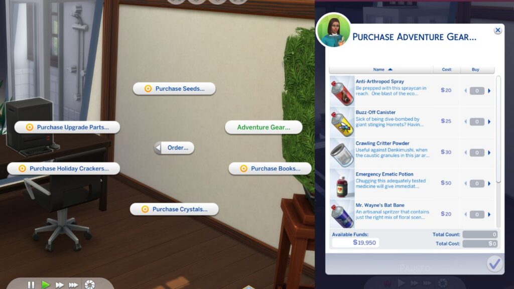 A screenshot from The Sims 4 showing how to order adventure gear on a computer