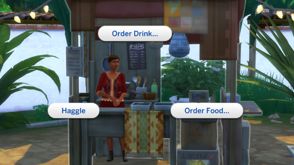 A screenshot from The Sims 4 showing the food stall in the world with order food and order drink options showing 