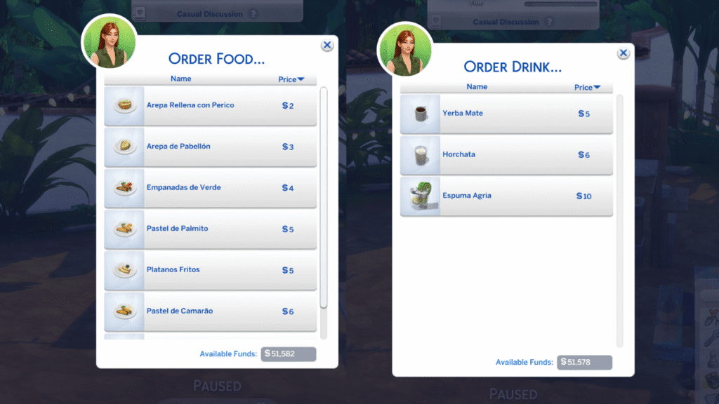 A screenshot from The Sims 4 showing the items you can order from a food stall in selvadorada 