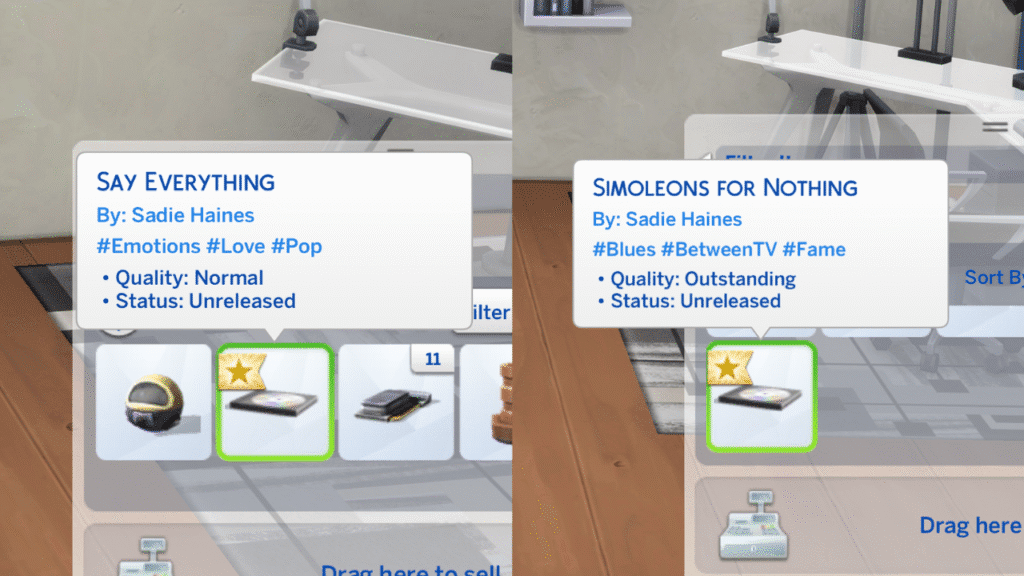 A screenshot from The Sims 4 showing increase in quality for a song mixed
