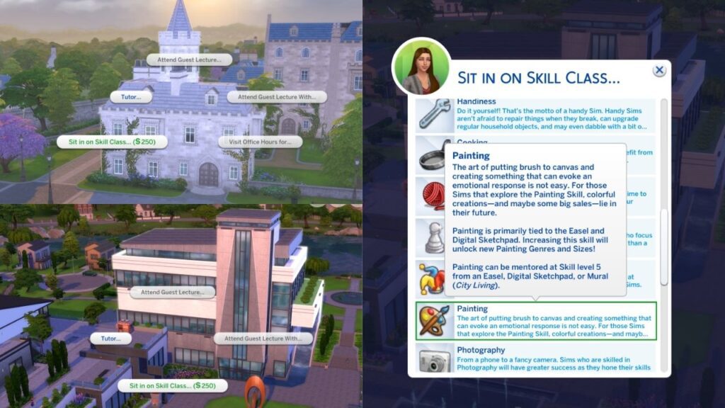 A screenshot from The Sims 4 showing the option to take a skill class for painting