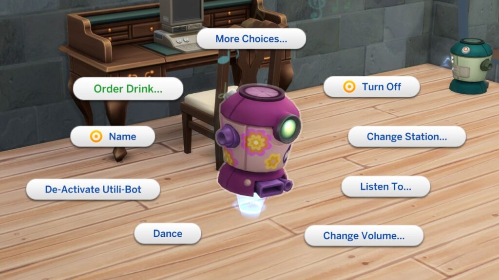 A screenshot from The Sims 4 showing the menu options for a Party Bot 