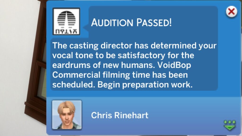 A screenshot from The Sims 4 showing the notification that happens when a sim passes an audition 