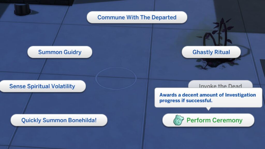 A screenshot from the sims 4 of a seance circle with Perform Ceremony highlighted