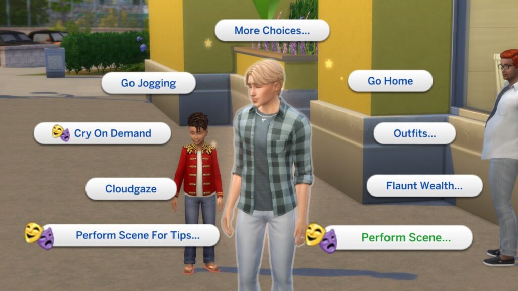 A screenshot of a sim in public about to give a street performance