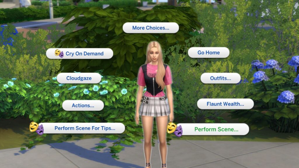 A screenshot from The Sims 4 showing how a sim can give a street performance 
