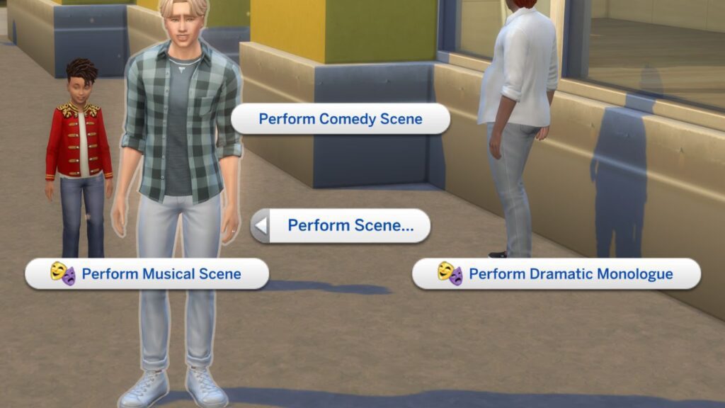 a screenshot from the sims 4 showing how to perform a scene for a street performance