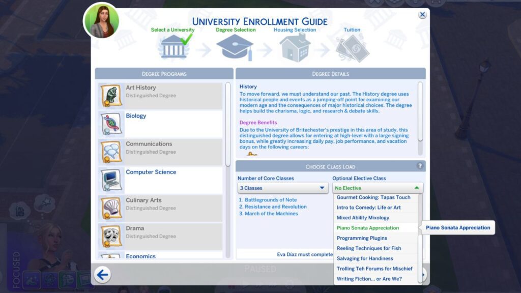 A screenshot from The Sims 4 showing the option to take a piano elective in University