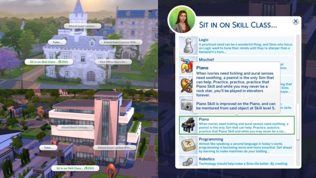 A screenshot from The Sims 4 showing the option to take a piano skill class on campus