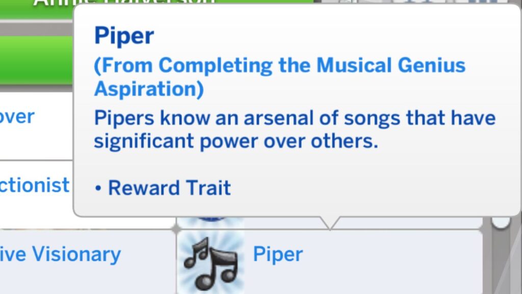 A screenshot from The Sims 4 of the piper reward trait from the musical genius aspiration