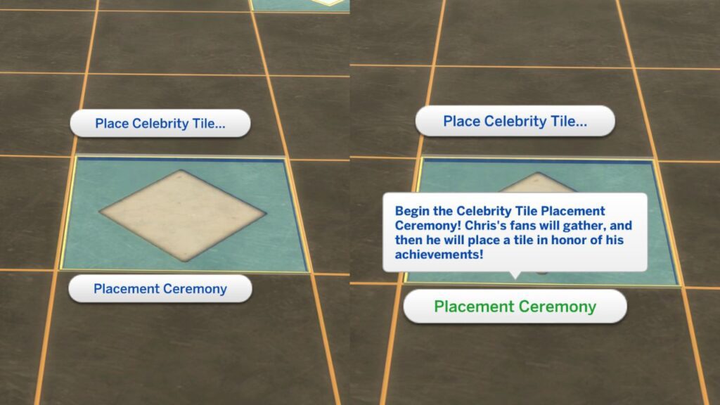 A screenshot from The Sims 4 showing the options to place celebrity tile 
