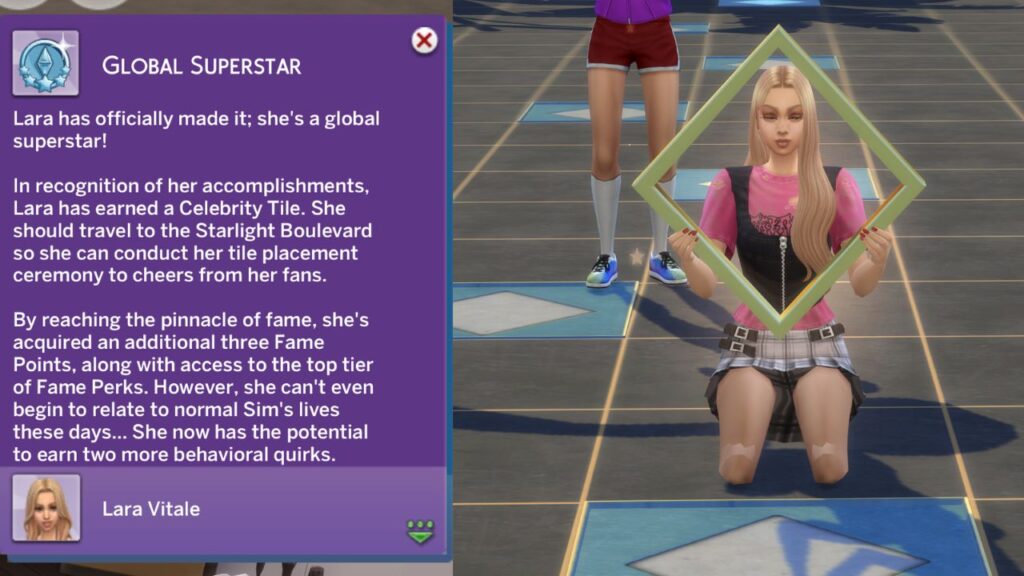 A screenshot from The Sims 4 of a sim becoming a global superstar and placing their celebrity tile 