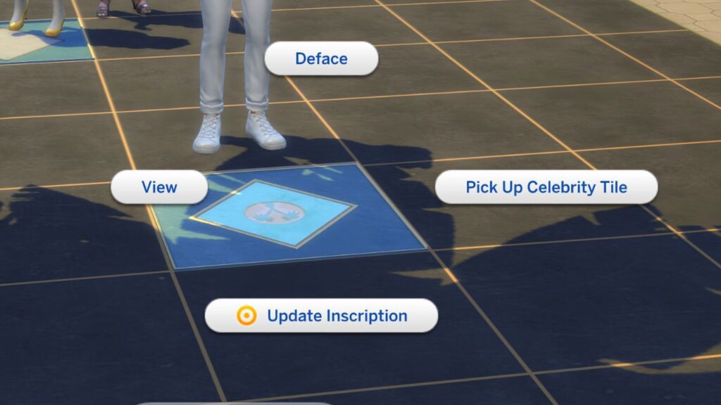 A screenshot from The Sims 4 of the options for a placed celebrity tile 