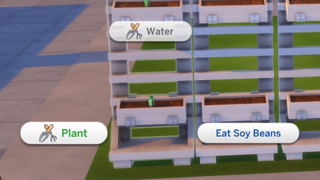 A screenshot showing how to plant soy plants in a vertical planter in the sims 4