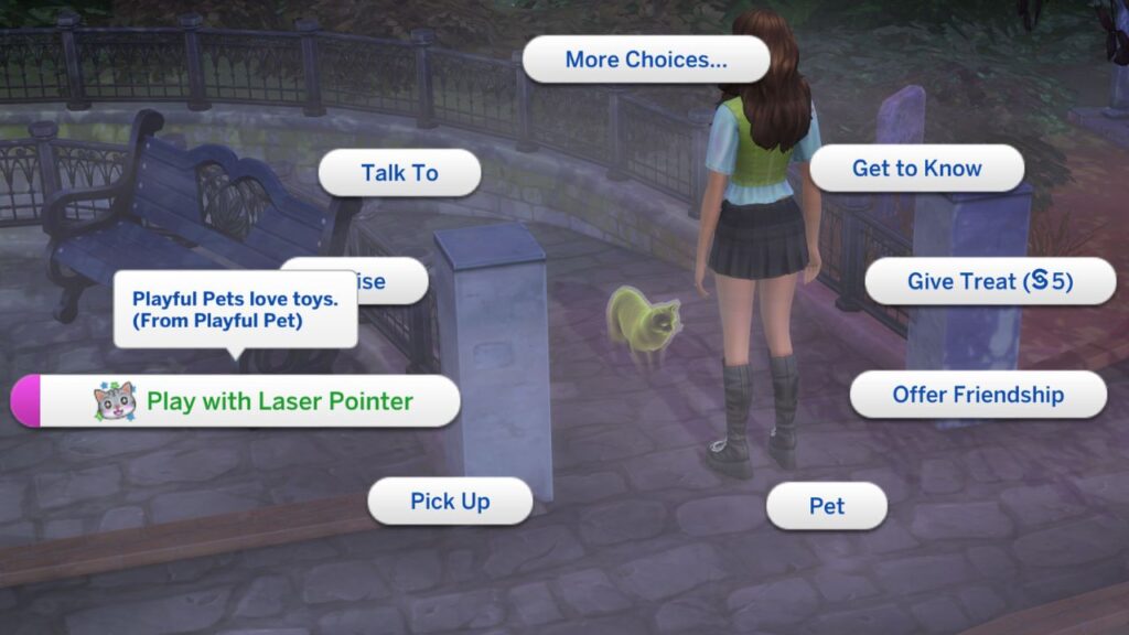 A screenshot from the sims 4 showing how to play with laser pointer with a ghost pet for the friend of the animals aspiration