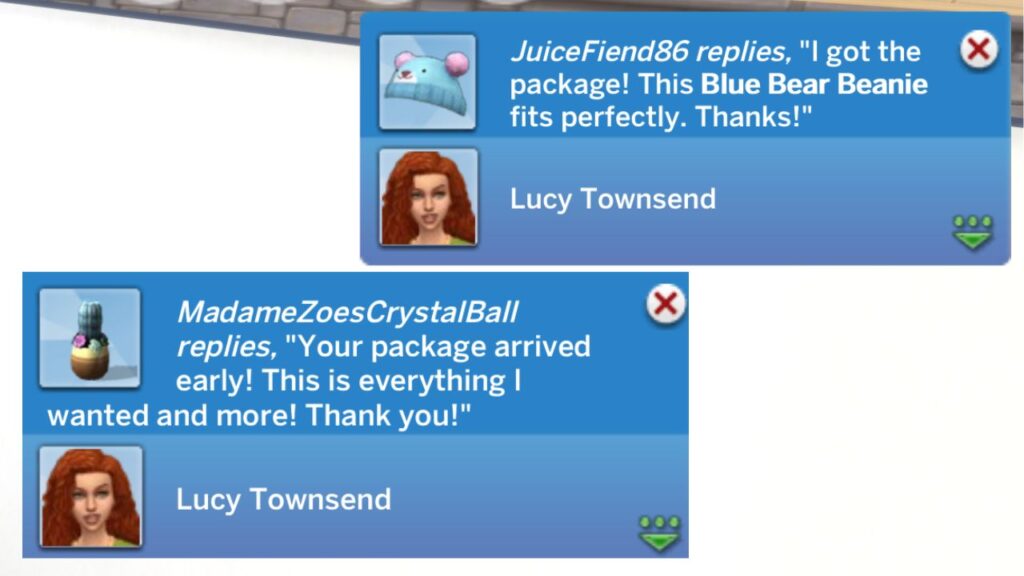 A screenshot from The Sims 4 showing plopsy reviews for knit items