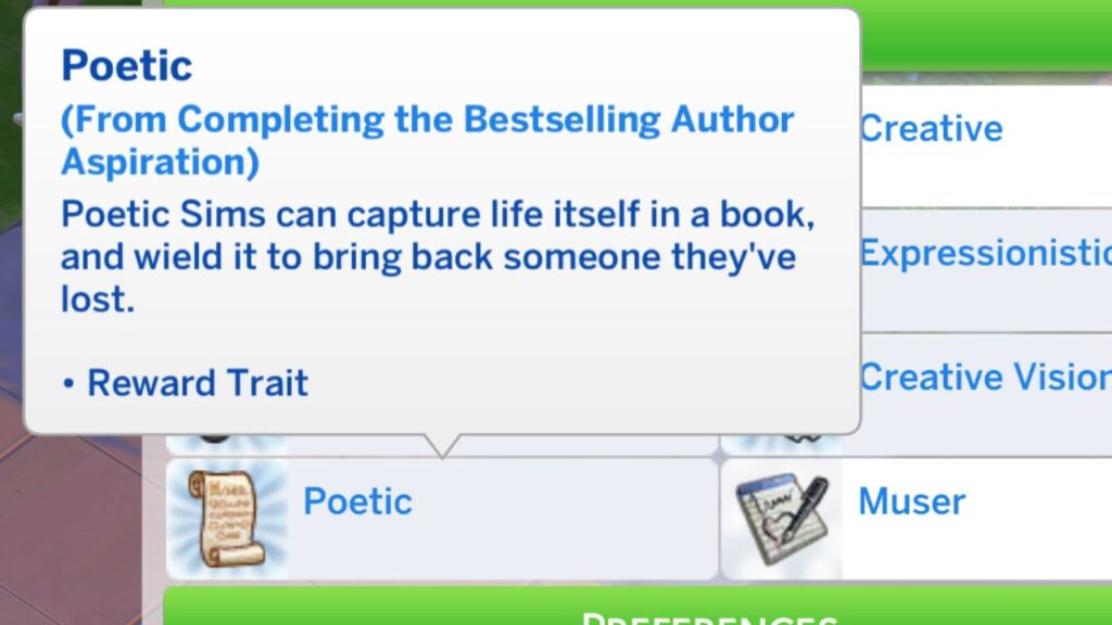 A screenshot of the poetic reward trait and its description