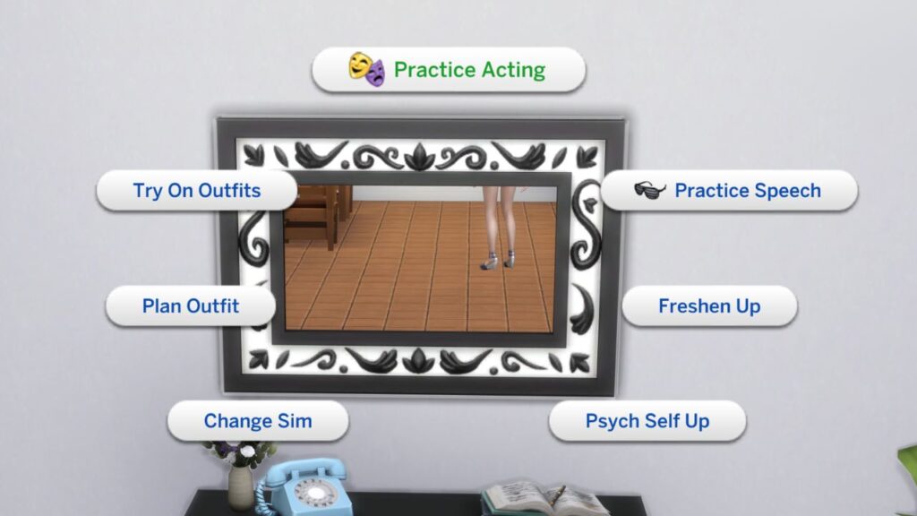 A screenshot from The Sims 4 showing how to practice acting in a mirror 