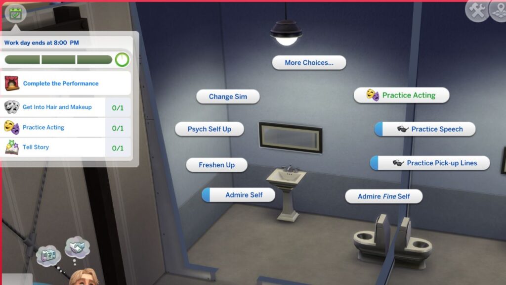 A screenshot of an active day of the acting career in The Sims 4 