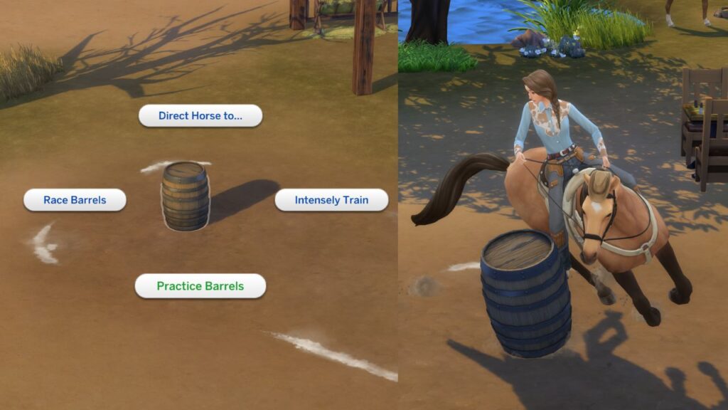 A screenshot from the sims 4 showing how to practice barrels on a horse 