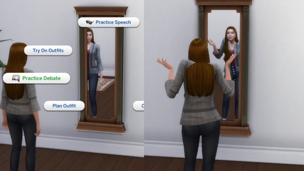 A set of two screenshots from The Sims 4. The first shows the Practice Debate option on a mirror. The second has an image of a sim practicing debate.