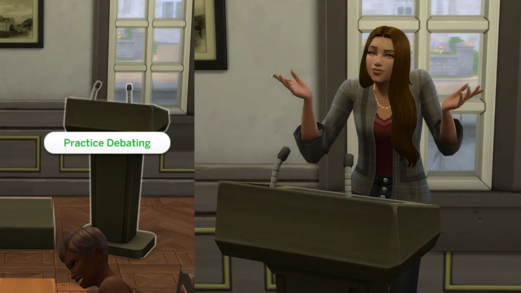 A set of two screenshots from The Sims 4. The first is a podium with the Practice Debating option open, the second is a sim debating
