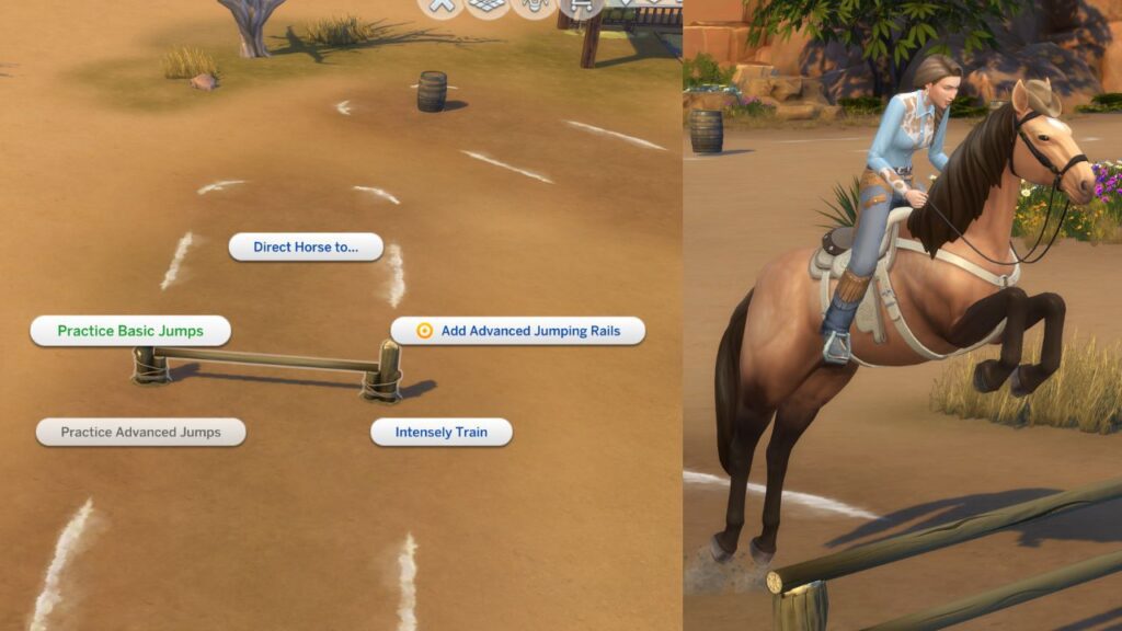 A screenshot showing how to practice basic jumps with a horse to gain the sims 4 horse jumping skill