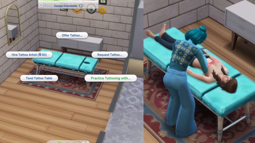 A screenshot from The Sims 4 showing the option to practice tattooing on another sim.