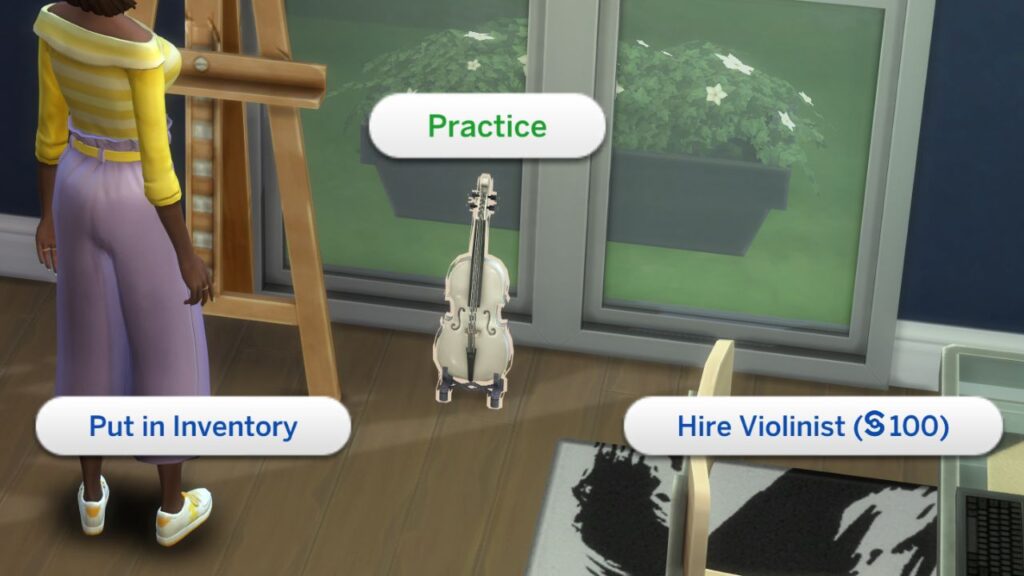 A screenshot from The Sims 4 showing how to practice guitar