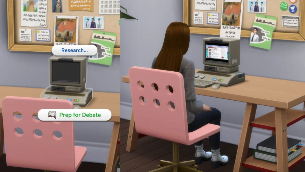 a screenshot from The Sims 4. The first image shows the prep for debate option open on the archive machine, the second has the sim prepping for a debate actively
