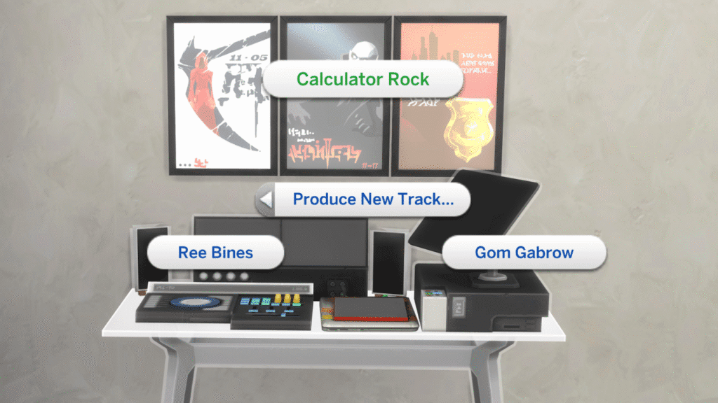 A screenshot from The Sims 4 showing the produce new track options with Calculator Rock highlighted 